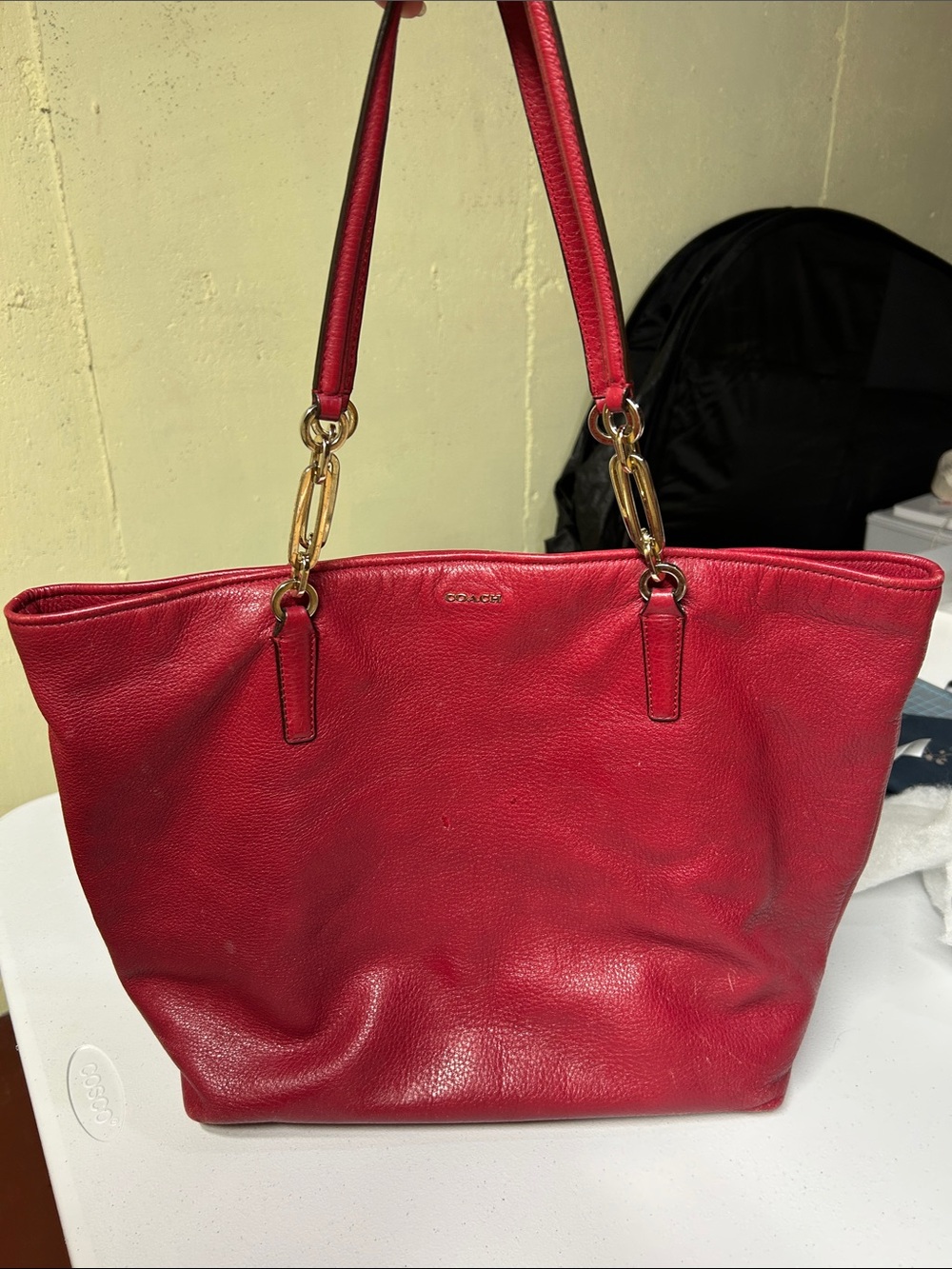 Coach Red Pebbled Leather Tote with Gold-Tone Hardware